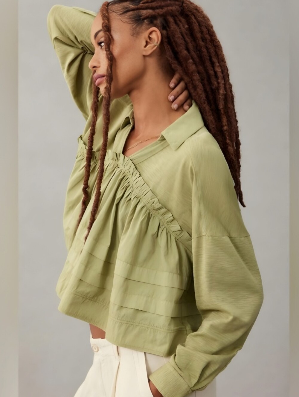 Anthro Pilcro Babydoll Flowy Cotton Sage Green Top, M - Picture 3 of 11